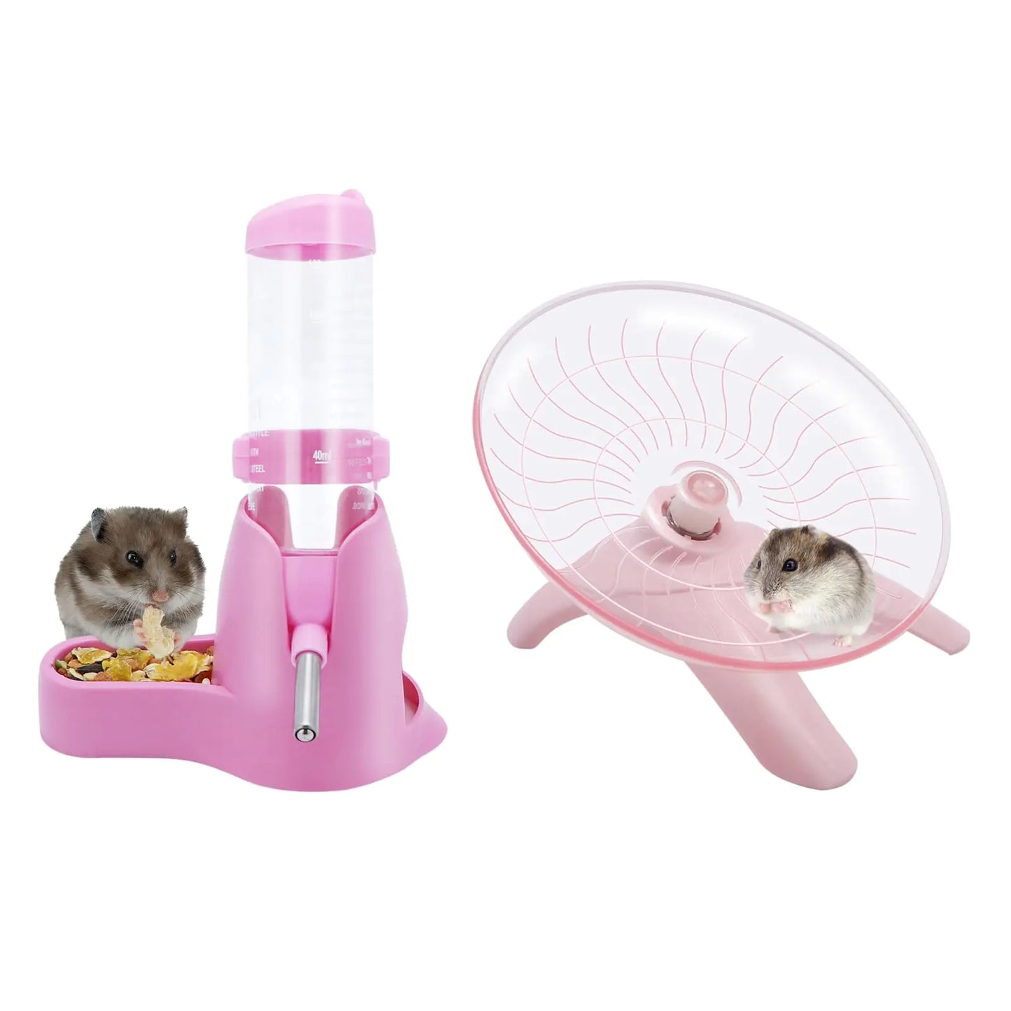 Wontee Hamster Water Bottle Water Dispenser Hamster Silent Exercise Running Wheel for Dwarf Hamsters Gerbil Mice (Pink 125ML)