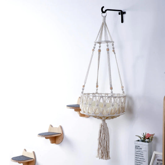 SHENGOCASE Macrame Boho Cat Hammock with 3 Steps and Wall Hook Wall Mounted Cat Bed Hanging Cat Bed for Indoor Cats Cat Swing Bed